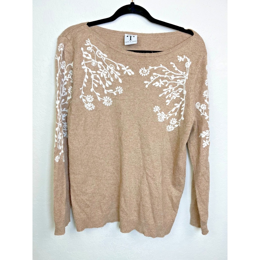 Rain + Rose Long‎ Sleeve Tan Floral Embroidered Sweater Size Large